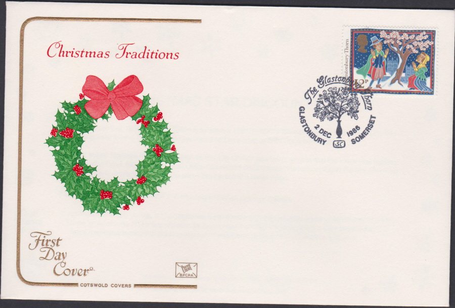1986 - Christmas 12p First Day Cover COTSWOLD :-Glastonbury Thorn Postmark