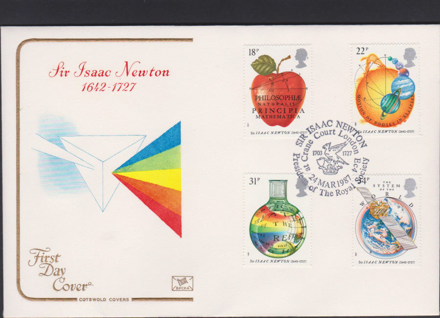 1987- Sir Isaac Newton First Day Cover COTSWOLD :- Crane Court London EC4 Postmark - Click Image to Close