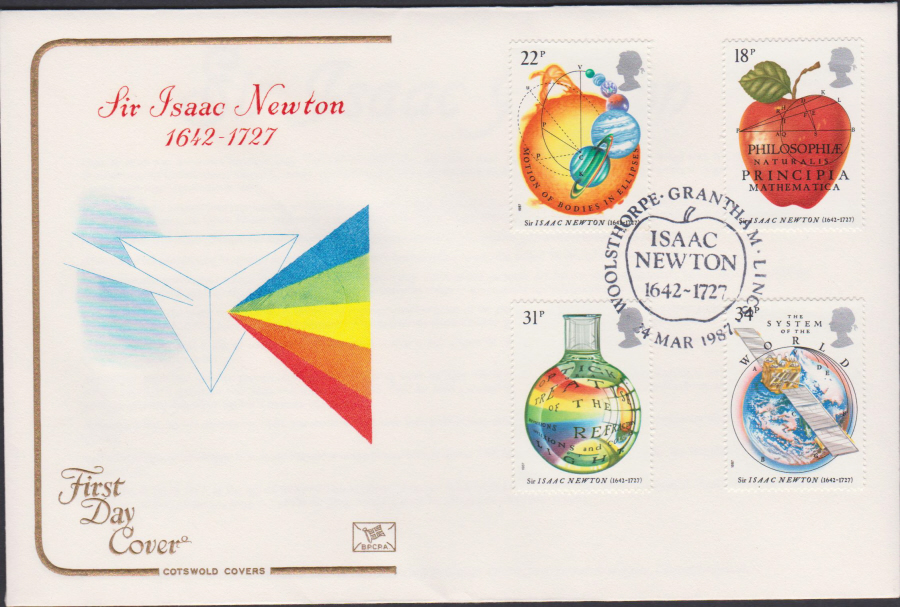 1987- Sir Isaac Newton First Day Cover COTSWOLD :-Grantham Lincs Postmark