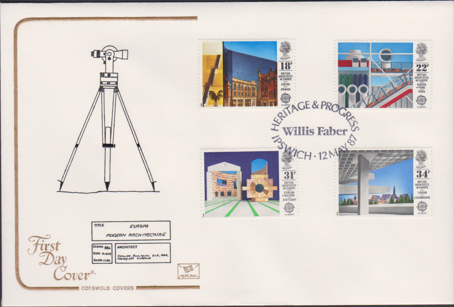 1987- British Architecture in Europe First Day Cover COTSWOLD :- Willis Faber Ipswich Postmark