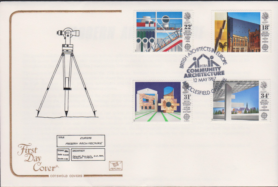 1987- British Architecture in Europe First Day Cover COTSWOLD :- Community Architecture,Macclesfield Postmark