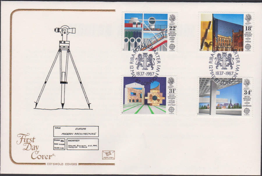 1987- British Architecture in Europe First Day Cover COTSWOLD :-RIBA Royal Charter London W1 Postmark - Click Image to Close