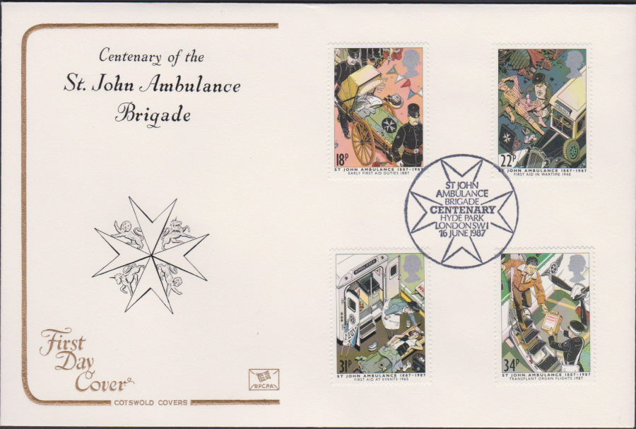 1987- St John Ambulance Brigade First Day Cover COTSWOLD :- Hyde Park,London SW1 Postmark