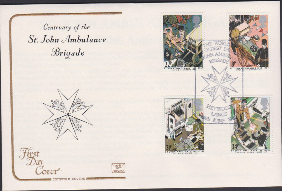 1987- St John Ambulance Brigade First Day Cover COTSWOLD :- Heywood,Lancs Postmark - Click Image to Close