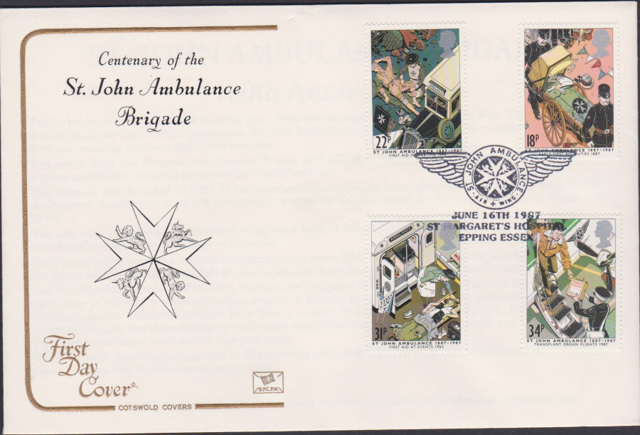 1987- St John Ambulance Brigade First Day Cover COTSWOLD :- St Margett's Hospital Epping,Essex Postmark - Click Image to Close