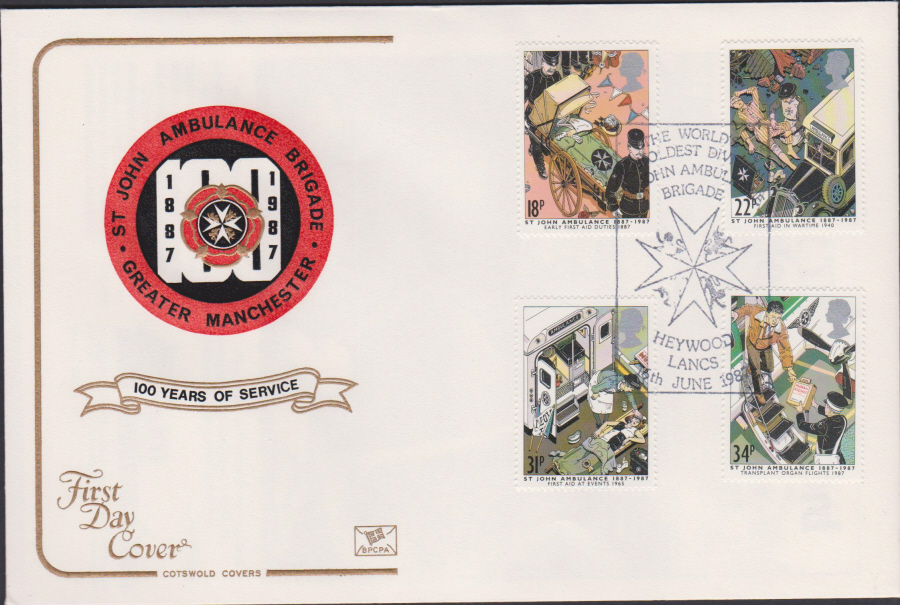 1987- St John Ambulance Brigade First Day Cover OFFICIAL COTSWOLD :-Heywood Lancs Postmark - Click Image to Close