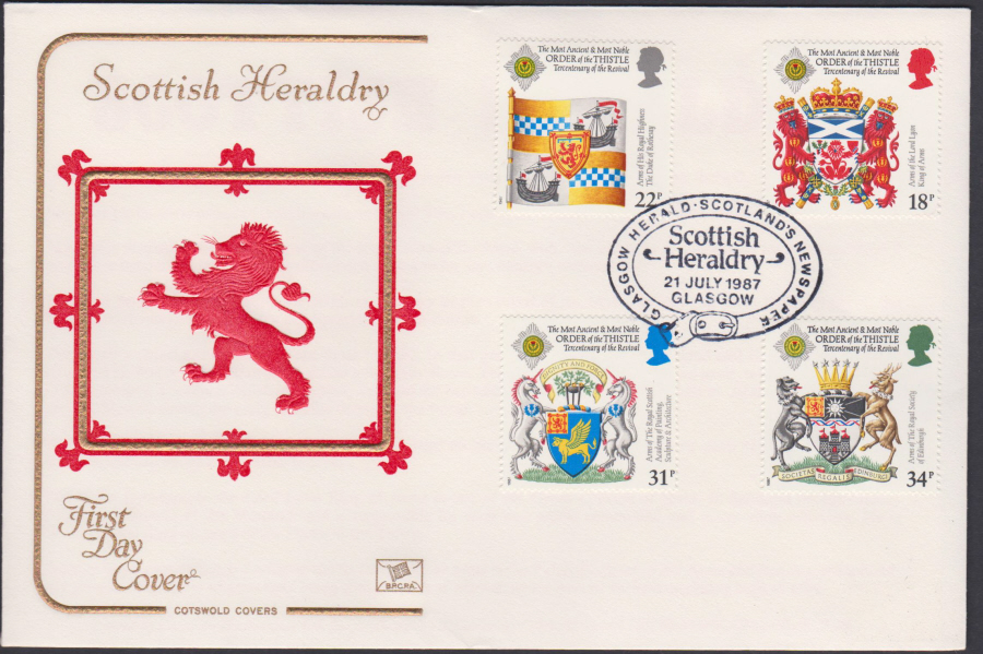 1987- Scottish Heraldry First Day Cover COTSWOLD :- Glasgow Herald,Glasgow Postmark