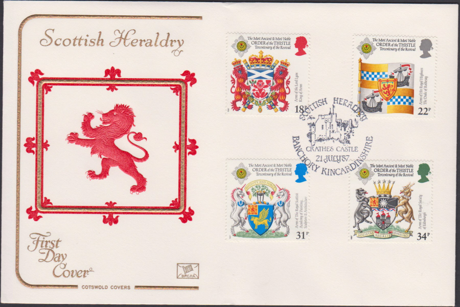 1987- Scottish Heraldry First Day Cover COTSWOLD :- Crathes Castle,Banchory Postmark