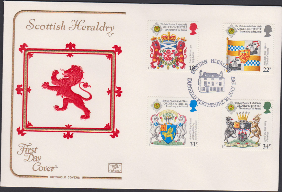1987- Scottish Heraldry First Day Cover COTSWOLD :- Dunkeld,Perthshire Postmark