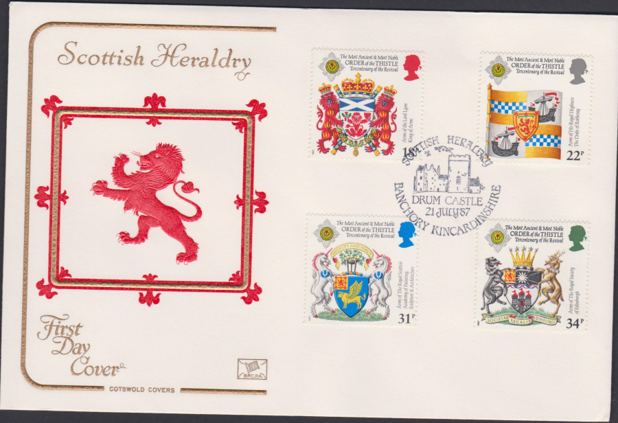1987- Scottish Heraldry First Day Cover COTSWOLD :- Drun Castle,Banchory Postmark