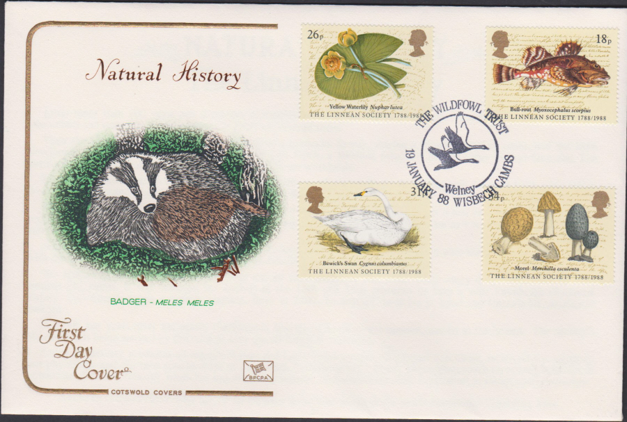 1988- Linnean Society First Day Cover COTSWOLD Wildfowl Trust Wisbeech Postmark