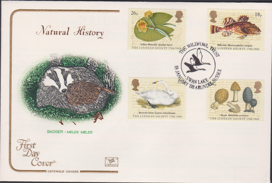 1988- Linnean Society First Day Cover COTSWOLD Wildfowl Trust Swan Lake,Arundel,Sussex Postmark - Click Image to Close