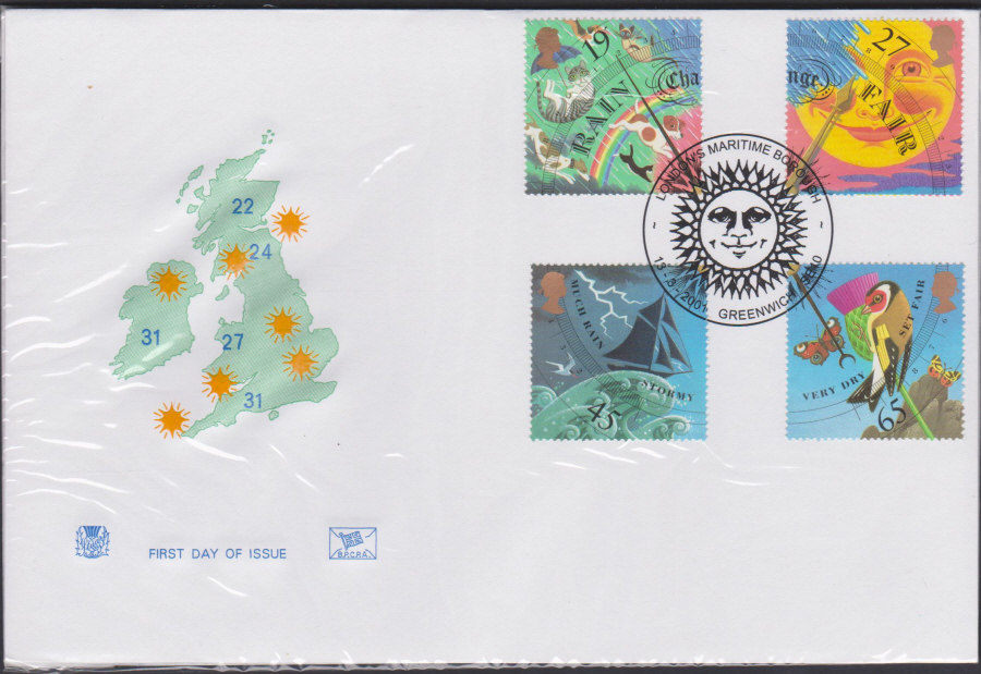 2001 -The Weather FDC Stuart - London's Maritime Borough Greenwich SE10 Postmark