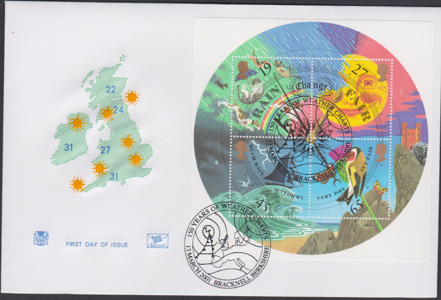 2001 -The Weather Mini Sheet FDC Stuart - 150Years of Weather Bracknell Postmark - Click Image to Close