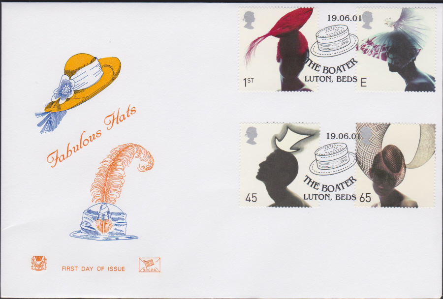 2001 -Fabulous Hats FDC Stuart - The Boater, Luton, Beds Postmark