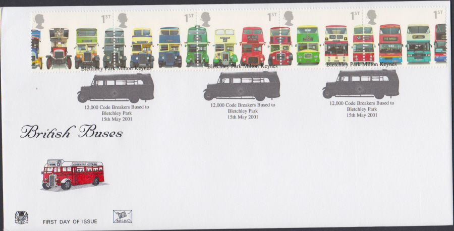 2001 -British Buses FDC Stuart - Code Breakers Bussed to Bletchley Park Postmark