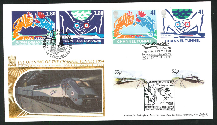 1994 - Channel Tunnel Pair of First Day Covers - Le Shuttle, Folkestone & Euro Tunnel Postmark