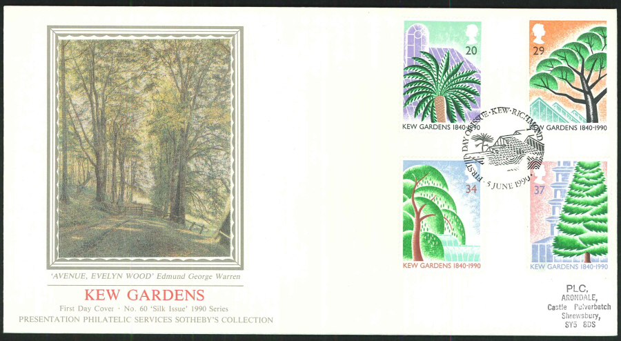 1990 - Kew Gardens 1840-1990 First Day Cover (PPS Silk), Kew, Richmond Postmark - Click Image to Close