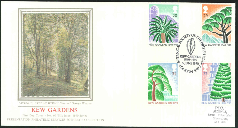 1990 - Kew Gardens 1840-1990 First Day Cover (PPS Silk), Kew 1840-1990 Postmark