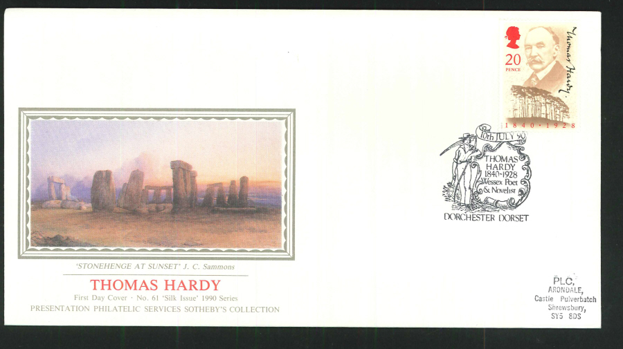 1990 - Thomas Hardy First Day Cover (PPS Silk) - Dorchester Dorset Postmark - Click Image to Close