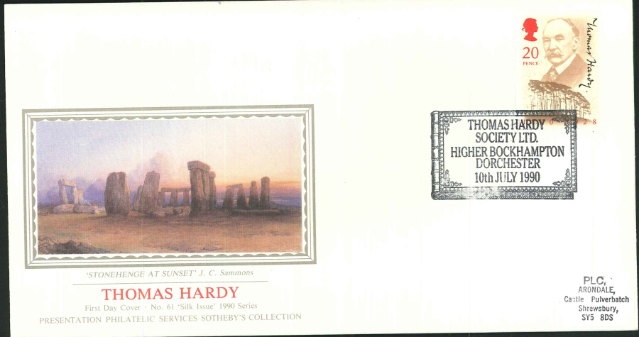 1990 - Thomas Hardy First Day Cover (PPS Silk) - Thomas Hardy Society Ltd. Higher Bockhampton Postmark