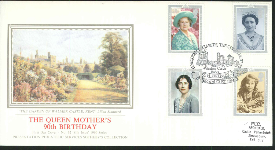 1990 - The Queen Mother's 90th Birthday First Day Cover (PPS Silk) - Windsor Castle (oval) Postmark - Click Image to Close