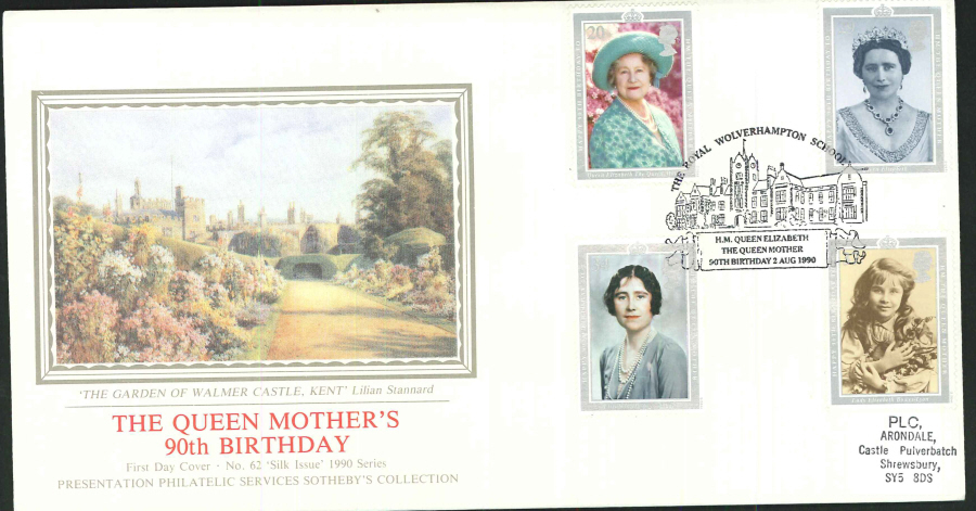 1990 - The Queen Mother's 90th Birthday First Day Cover (PPS Silk) - The Royal Wolverhampton School Postmark