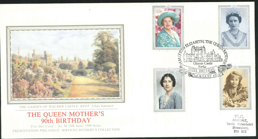 1990 - The Queen Mother's 90th Birthday First Day Cover (PPS Silk) - Glamis Castle, Forfar (Oval) Postmark