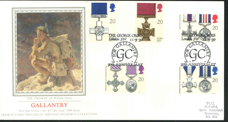 1990 - Gallantry First Day Cover (PPS Silk) - The George Cross, London SW Postmark