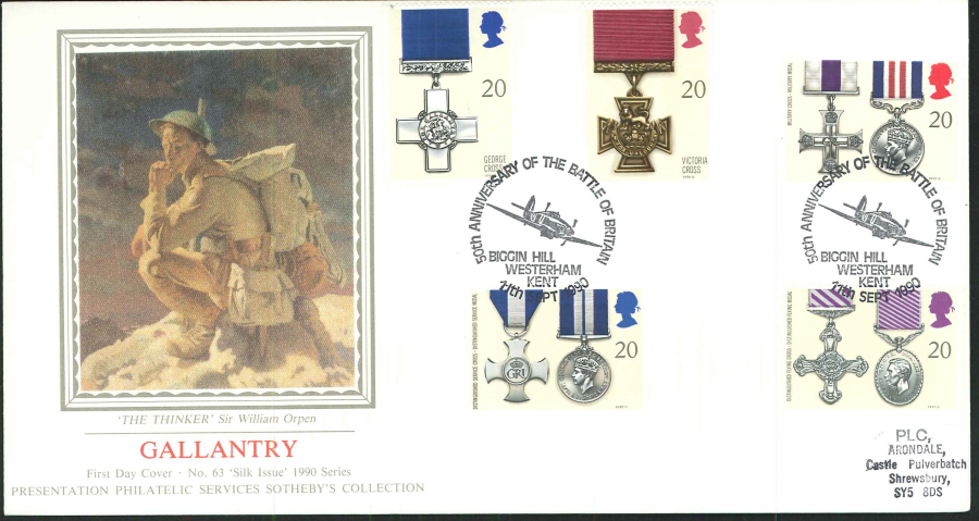 1990 - Gallantry First Day Cover (PPS Silk) - 50th Anniversary of the Battle of Britain, Biggin Hill, Kent Postmark