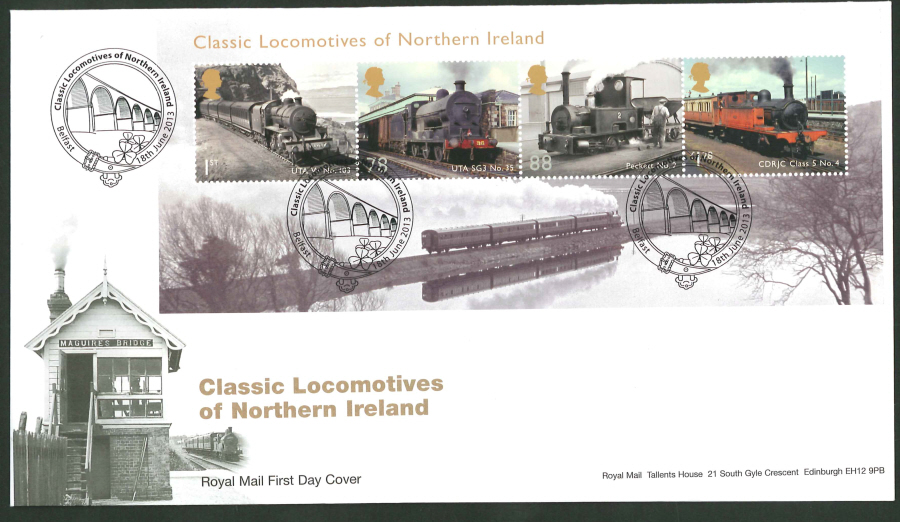 2013 - Classic Locomotives of Northern Ireland First Day Cover, Belfast (Bridge & Shamrock) Postmark