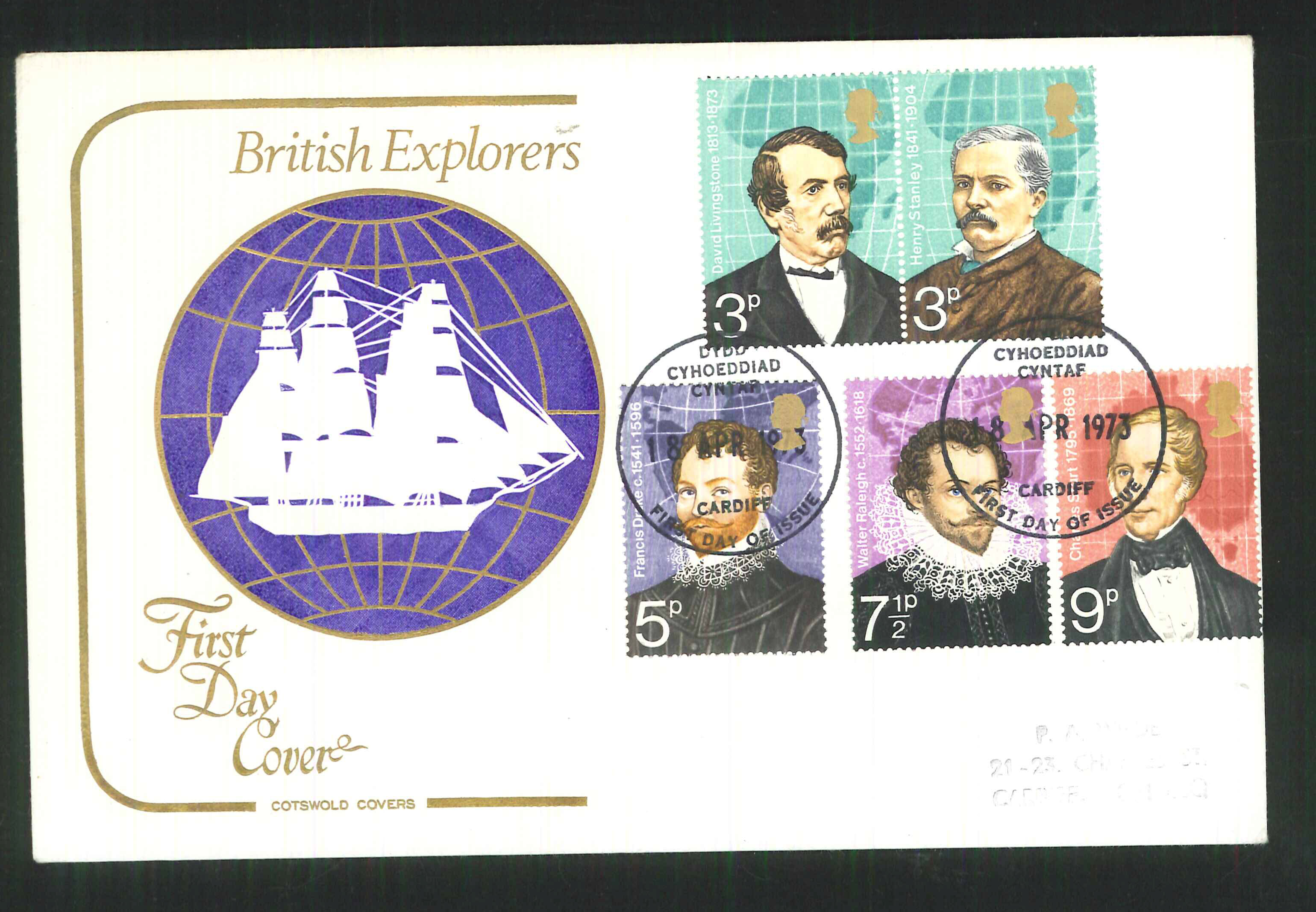 1973 Cotswold British Explorers FDC Cardiff Postmark