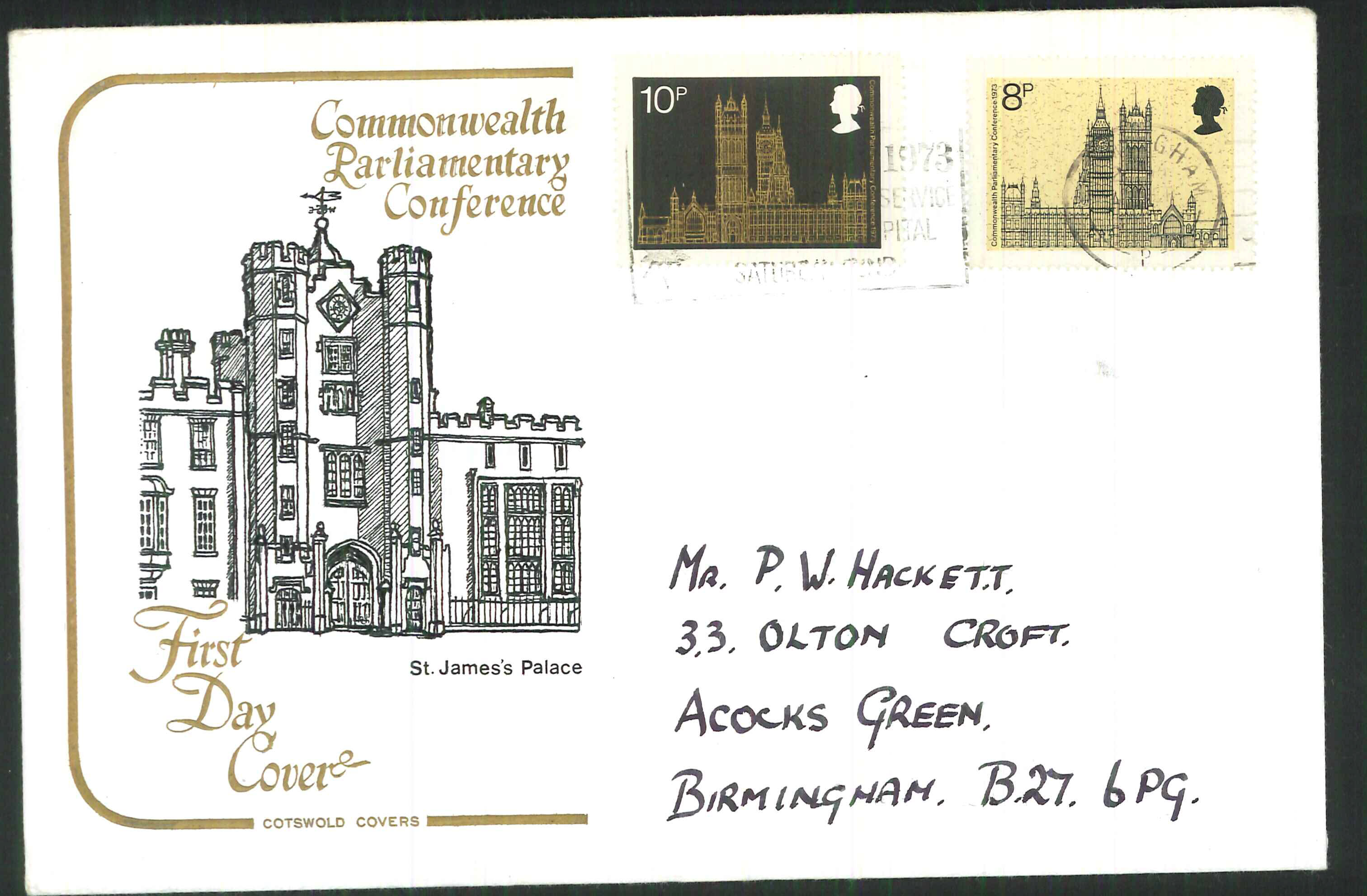 1973 Cotswold Parliament FDC Birmingham CDS Handstamp - Click Image to Close