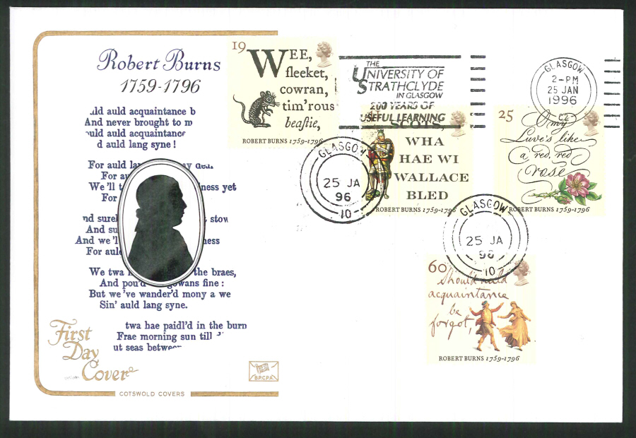 1996 Robert Burns Cotswold Slogan FDC ,Strathclyde University Slogan Postmark