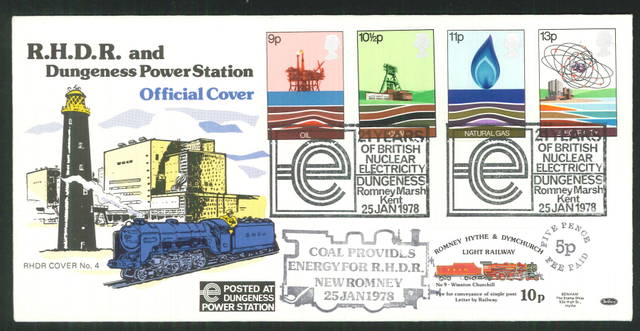 1978 Romney, Hythe and Dymchurch railway, Energy FDC Romney Marsh Kent Postmark