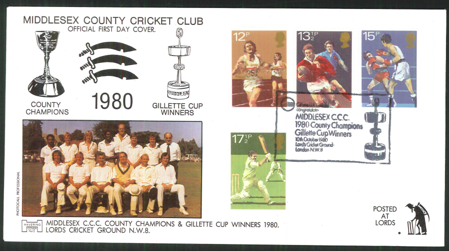 1980 Havering FDC Sport Middlesex Cricket Club, London NW8 Postmark