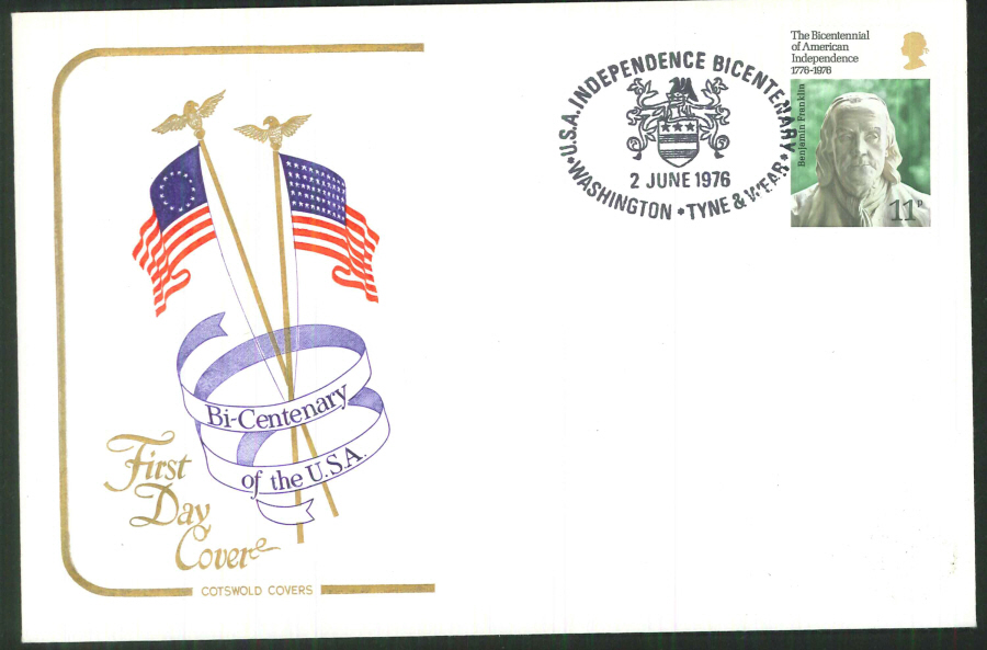 1976 Cotswold FDC Bicentenary of the U S A- Washington, Tyne & Wear Postmark - Click Image to Close
