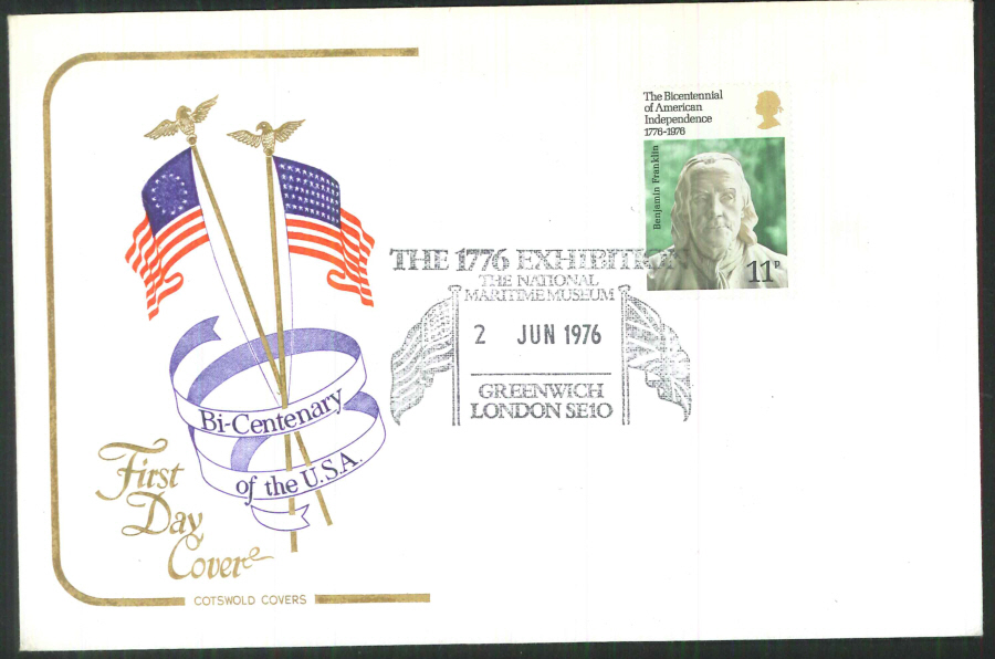 1976 Cotswold FDC Bicentenary of the U S A- 1776 Exhibition Greenwich,London SE10 Postmark - Click Image to Close