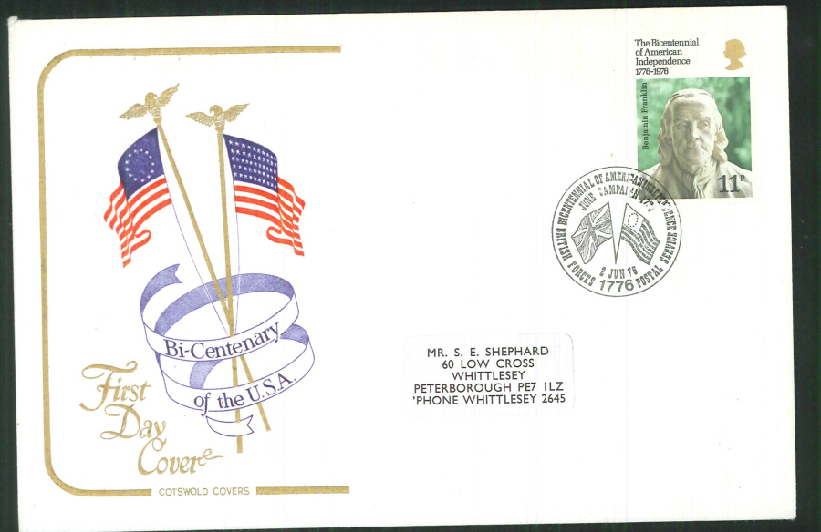 1976 Cotswold FDC Bicentenary of the U S A- British Forces 1776 Postal Service Postmark