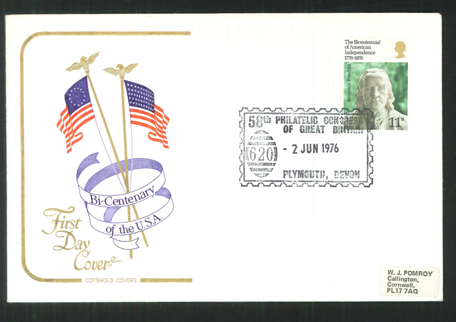 1976 Cotswold FDC Bicentenary of the U S A- Philatelic Congress Plymouth,Devon Postmark - Click Image to Close