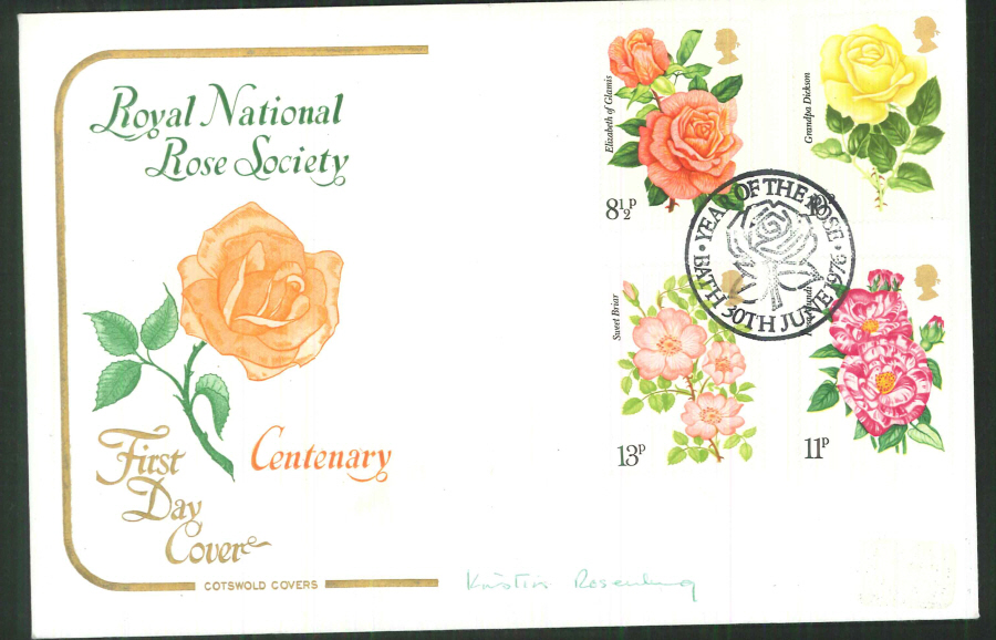 1976 Cotswold FDC Roses - Year of the Rose Bath Postmark Signed by Kristin Roseburg