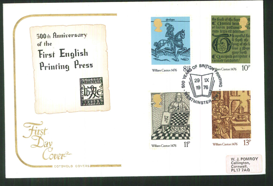 1976 Cotswold Caxton FDC British Printing Westminster Postmark - Click Image to Close