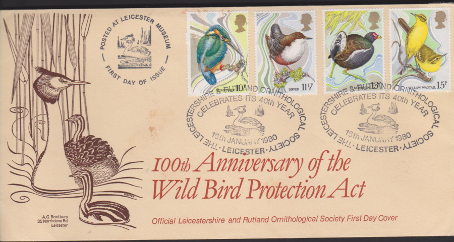 1980 Bradbury OFFICIAL FDC British Birds :-Leicestershire & Rutland Ornithological Soc Postmark