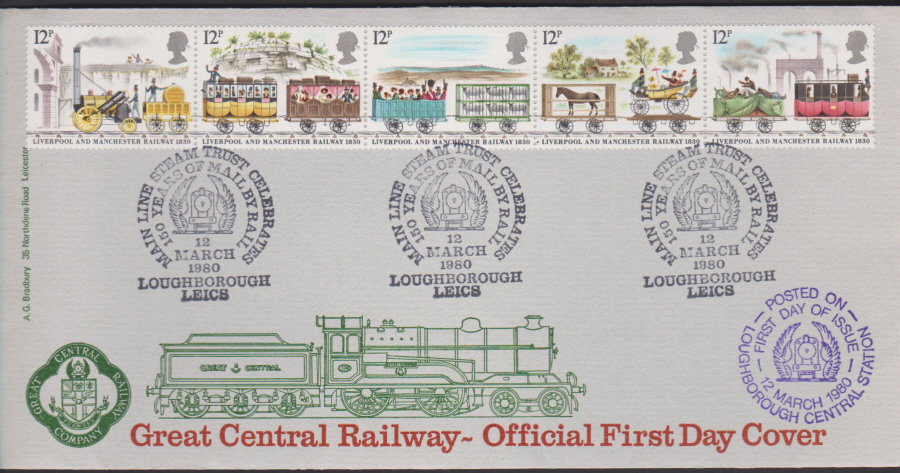 1980 Bradbury FDC Liverpool & Manchester Railway :-Main Line Rail Trust Loughborough Postmark