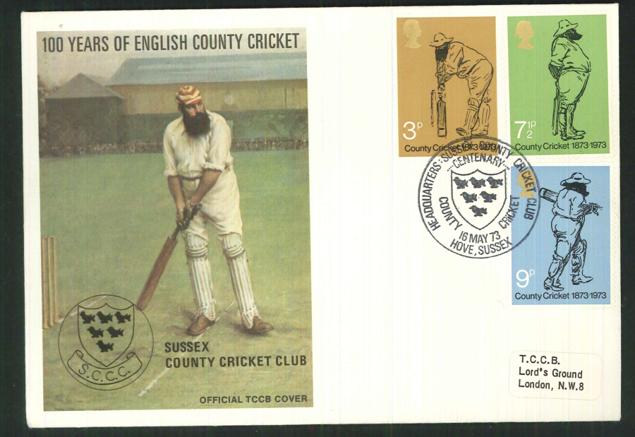 1973 TCCB Cricket FDC Hove Sussex Handstamp - Click Image to Close