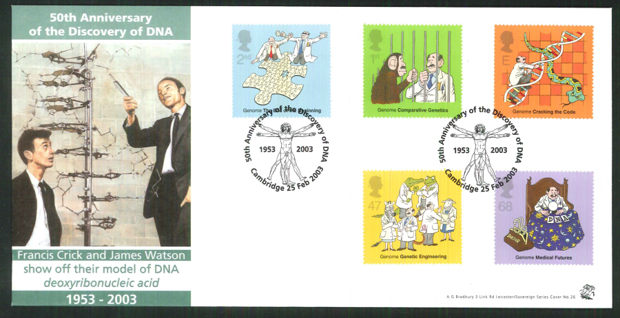 2003 Bradbury ( Sovereign No 26 ) The Secret of Life DNA Postmark: Cambridge Special Handstamp