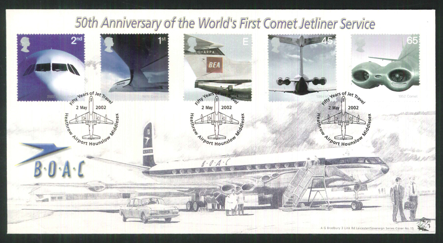 2002 Bradbury ( Sovereign No 15 ) Airliners Postmark: Heathrow Airport, Comet, Special Handstamp - Click Image to Close