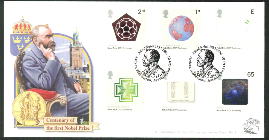 2001 Bradbury ( Sovereign No 9 ) Nobel Prizes Postmark:Stevenston Special Handstamp
