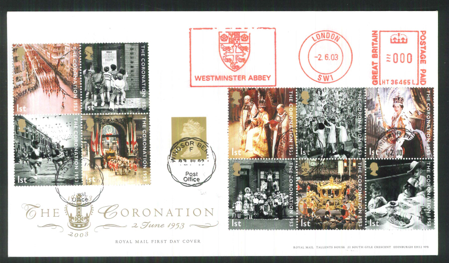 2003 Coronation Anniv. F D C Meter Mark Westminster Abbey + CDS Handstamp