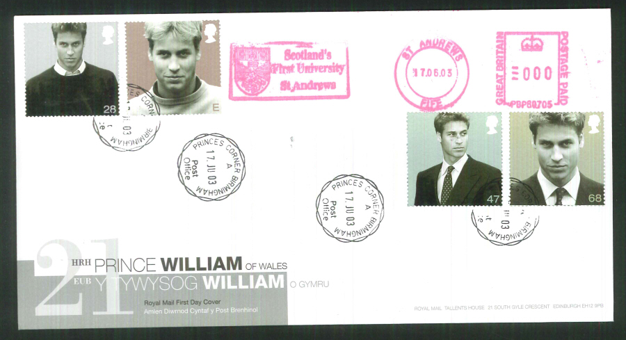 2003 Prince William. F D C Meter Mark St Andrews University + CDS Handstamp - Click Image to Close